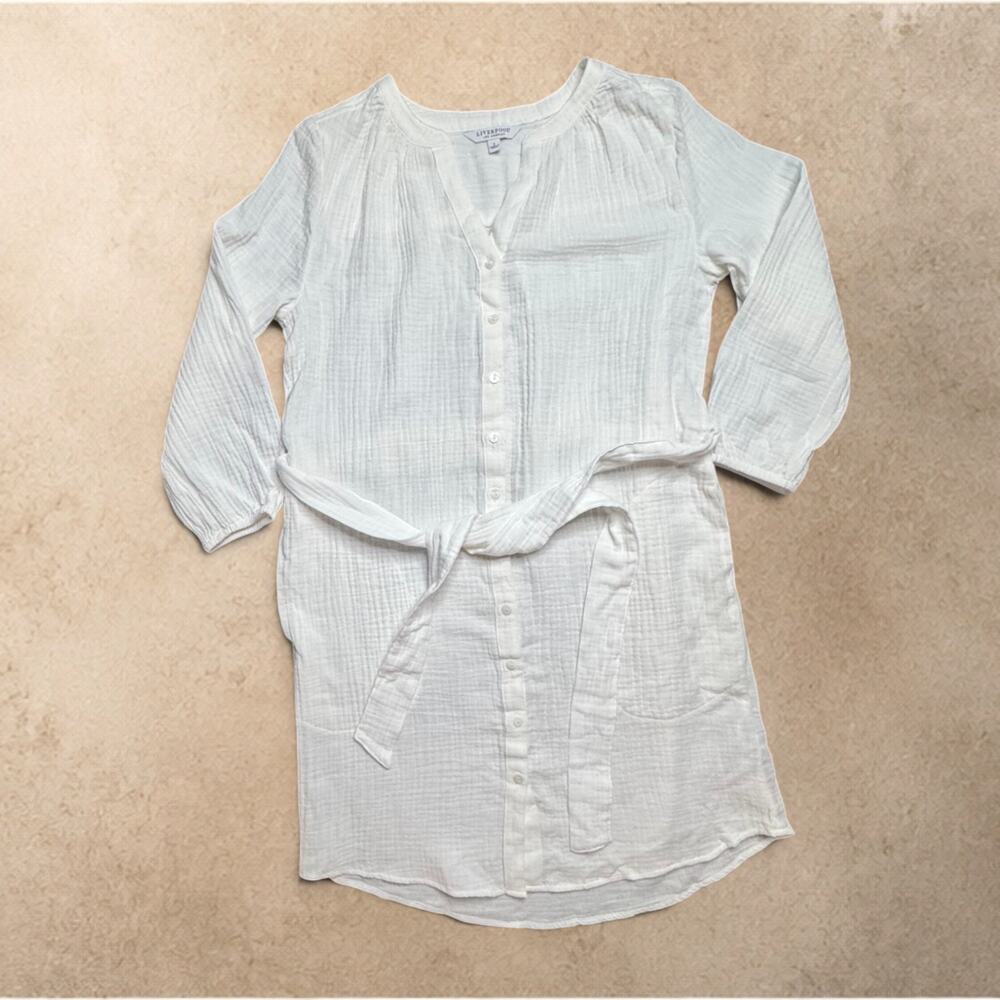 Liverpool Los Angeles Women's Small White Shirt Dress Tie Waist 3/4 Sleeve NWT